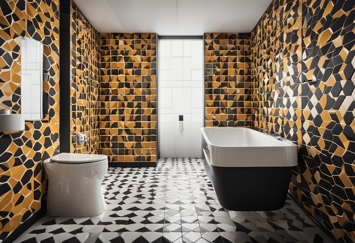 A bathroom with modern toilet tiles in a geometric pattern. Bright colors and clean lines create a sleek and contemporary look
