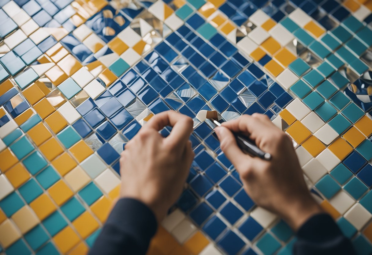 A person measuring and planning the layout of colorful and patterned tiles for a toilet renovation