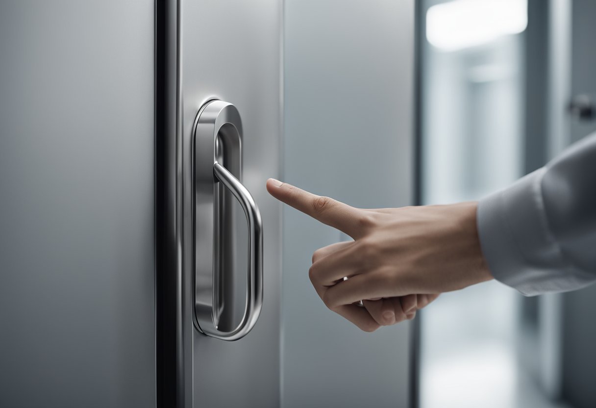 A hand reaching for a sleek, stainless steel door handle on a modern, minimalist toilet door