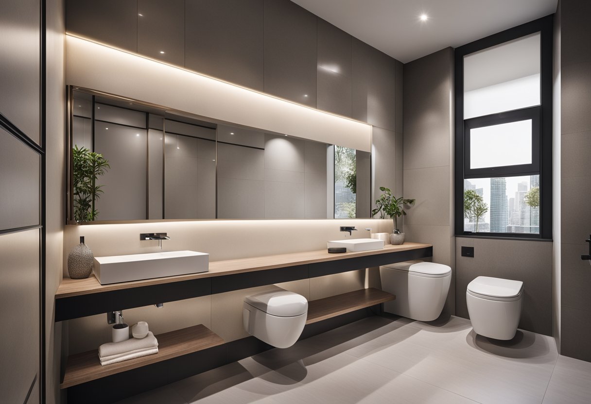 A modern toilet with sleek design, featuring a wall-mounted toilet, a stylish vanity with a large mirror, and a combination of natural and artificial lighting