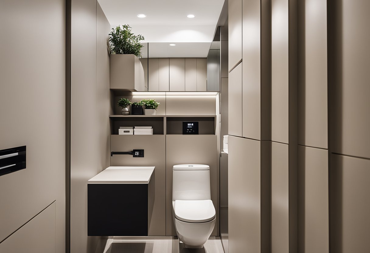 A sleek, minimalist HDB toilet with space-saving fixtures and innovative storage solutions. Clean lines and neutral colors create a modern, functional space
