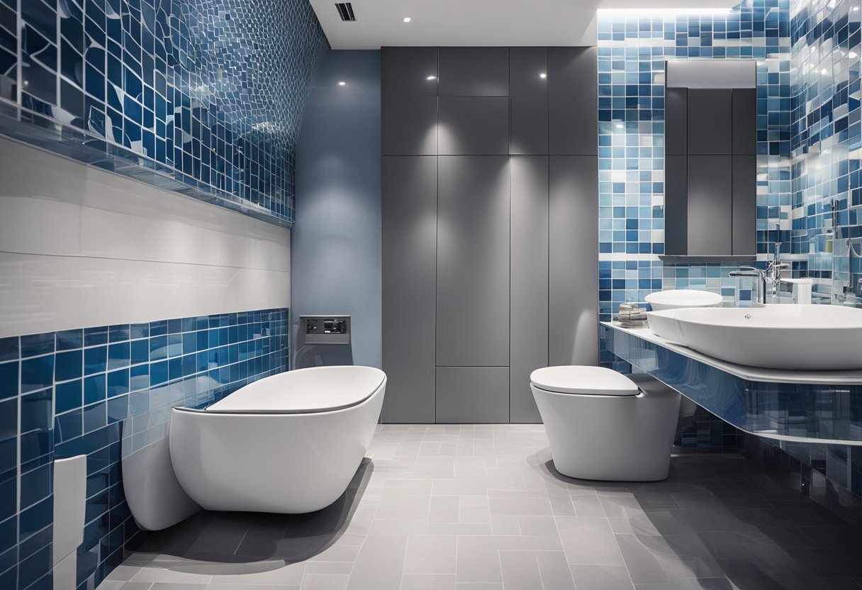 A modern bathroom with geometric patterned tiles in shades of blue and white, creating a sleek and stylish design