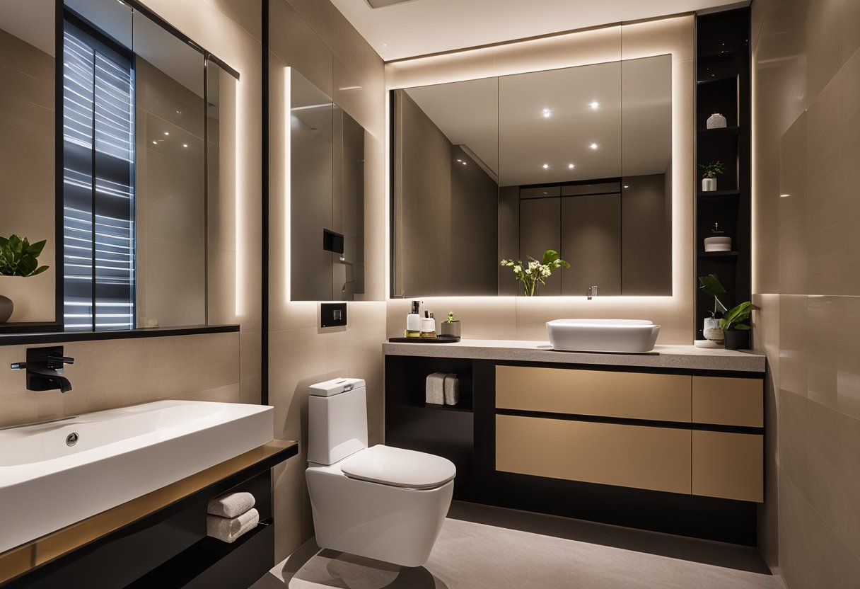 A modern HDB toilet with recessed lighting, a backlit mirror, and a pendant light over the vanity