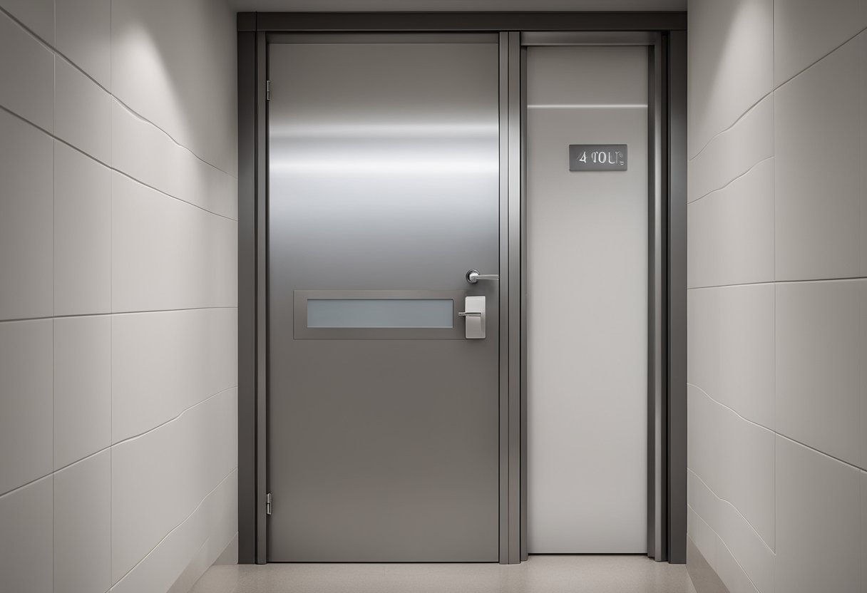 A sleek, modern toilet door with clear signage and easy-to-use handles. Soft lighting and soundproofing for privacy. Accessibility features such as Braille and contrasting colors for visually impaired users