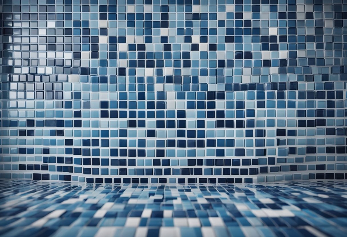 The toilet tiles are arranged in a grid pattern, with alternating colors of blue and white. The tiles are smooth and clean, reflecting the overhead light