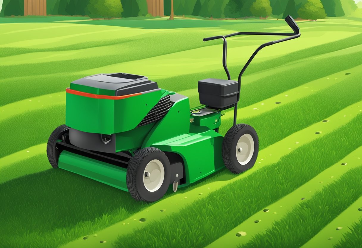 A lawn aerator machine moves across a green lawn, creating small holes in the soil. Behind it, a seed spreader drops grass seeds onto the freshly aerated ground