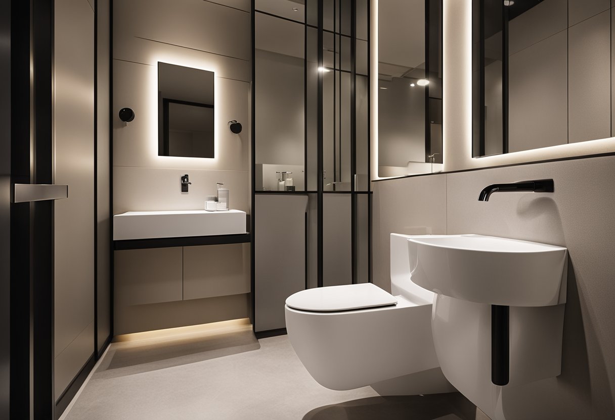 A modern HDB toilet with sleek sanitary fittings and fixtures, featuring a minimalist design and clean lines