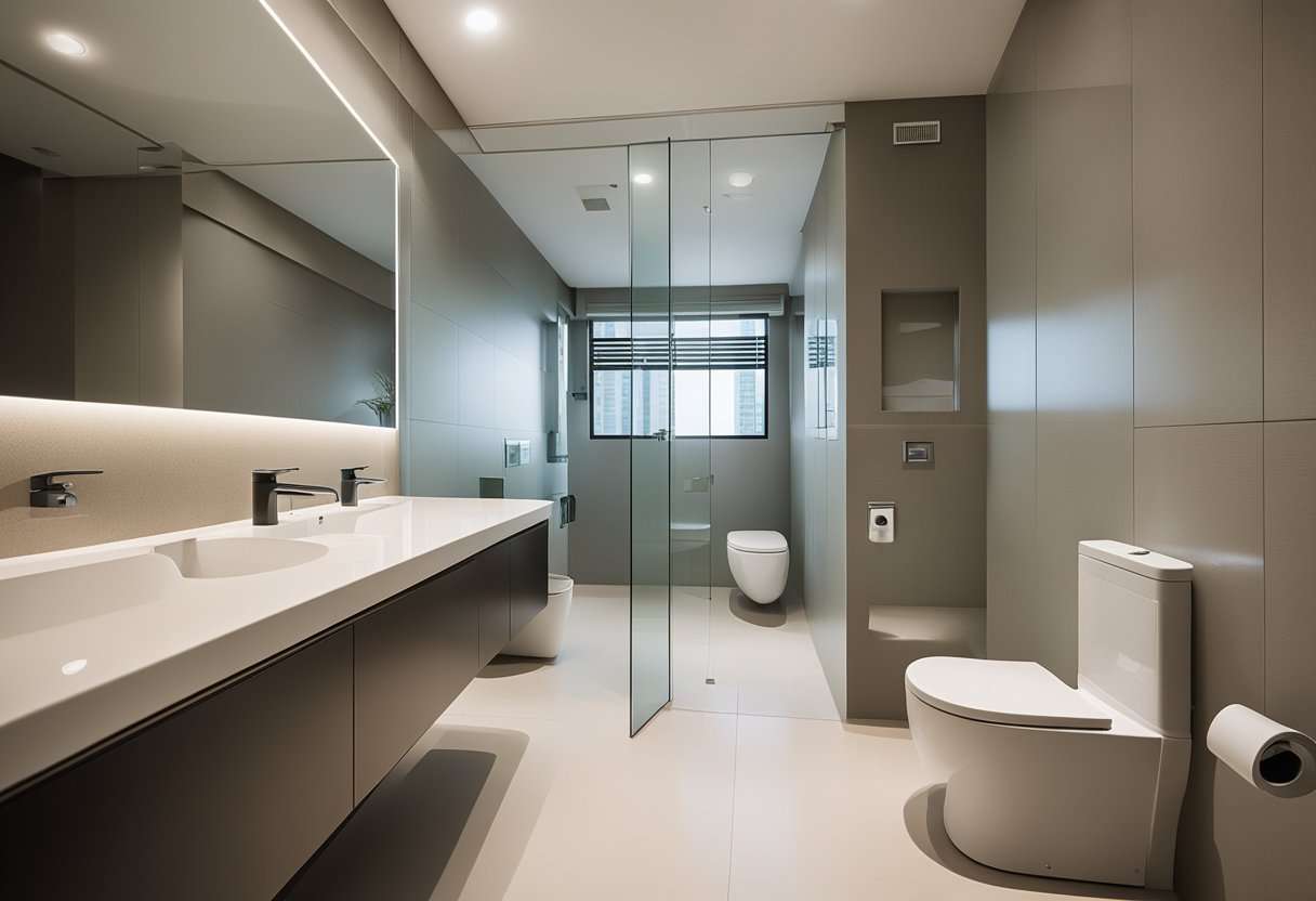A spacious, well-lit HDB toilet with large windows and sleek ventilation system