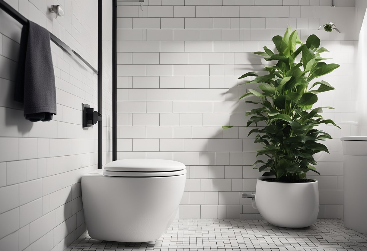 A modern, sleek toilet with a wall-mounted tank and a minimalist, floating design. The toilet is set against a backdrop of clean, white subway tiles with black grout, and a small potted plant adds a touch of greenery to the scene