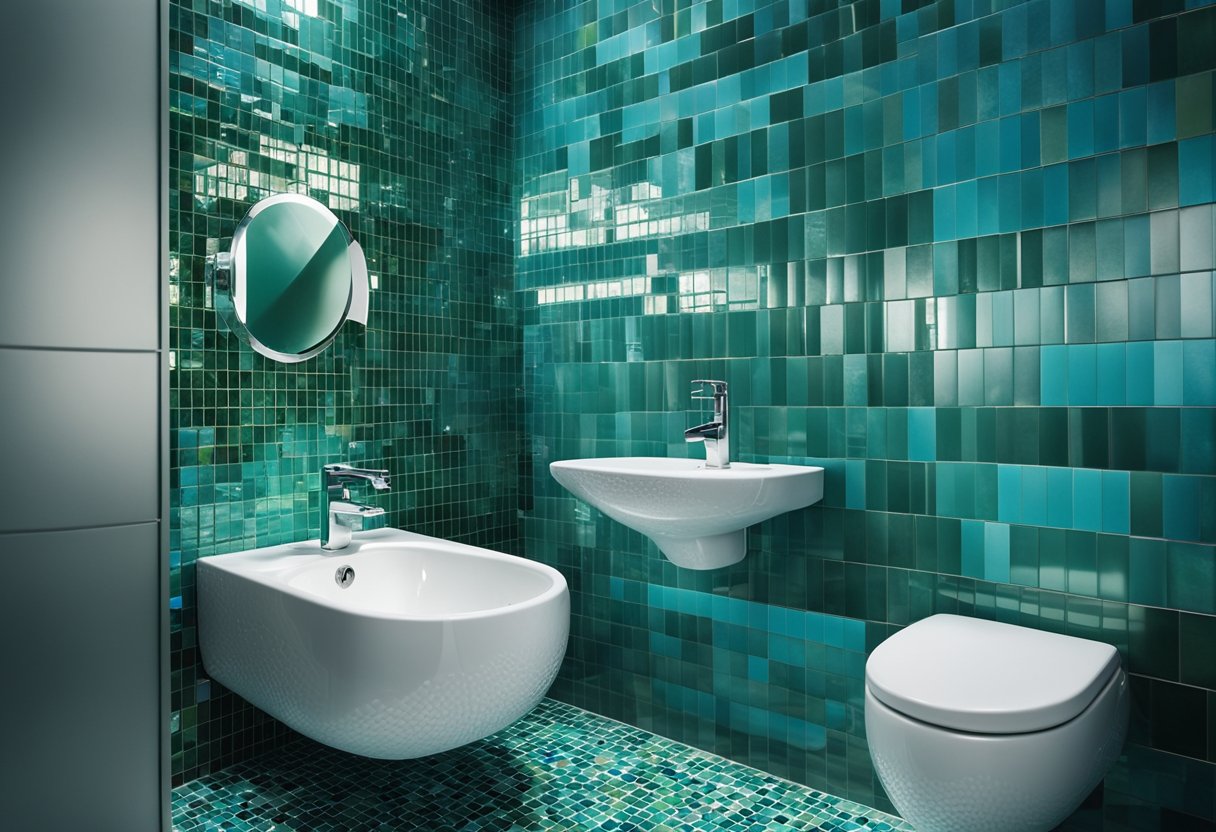 The toilet tiles are a vibrant mosaic of blues and greens, with sleek silver fixtures adding a modern touch to the design