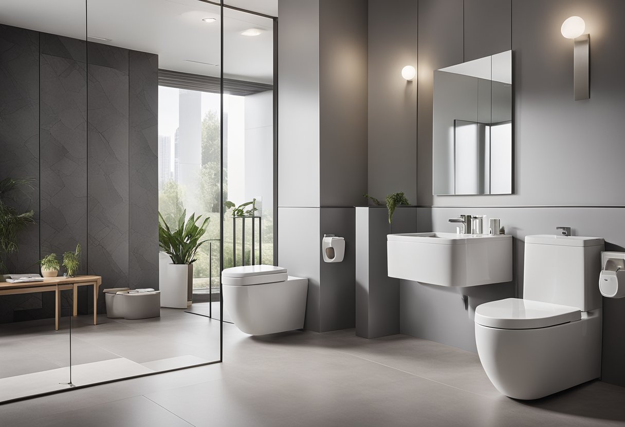A sleek, modern toilet with clean lines and minimalist design. The space is well-lit with natural light, and features high-quality fixtures and fittings