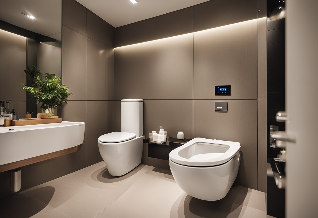 A sleek, eco-friendly toilet with advanced technology, surrounded by sustainable materials and energy-efficient fixtures in a modern HDB bathroom
