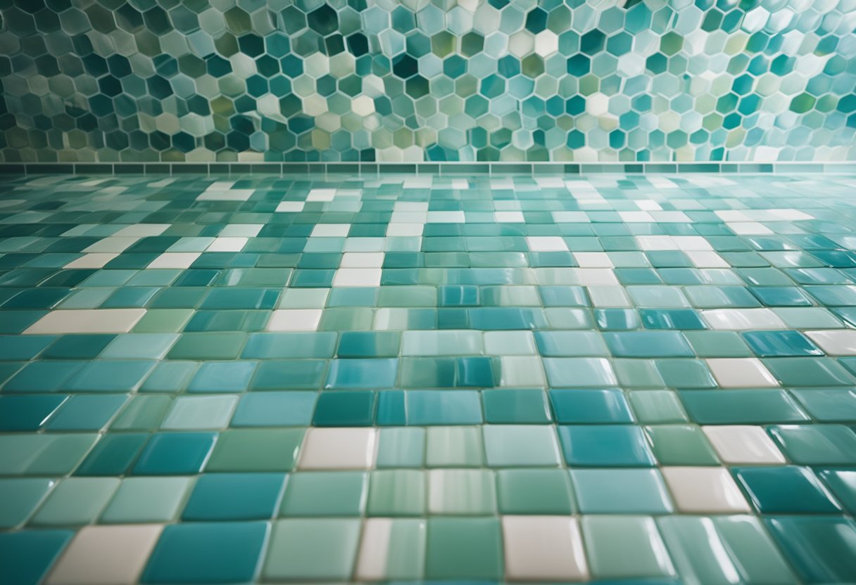 The lighting casts soft shadows on the pastel-colored tiles, creating a calming and inviting atmosphere. The color scheme consists of shades of blue, green, and white, giving the space a clean and refreshing look
