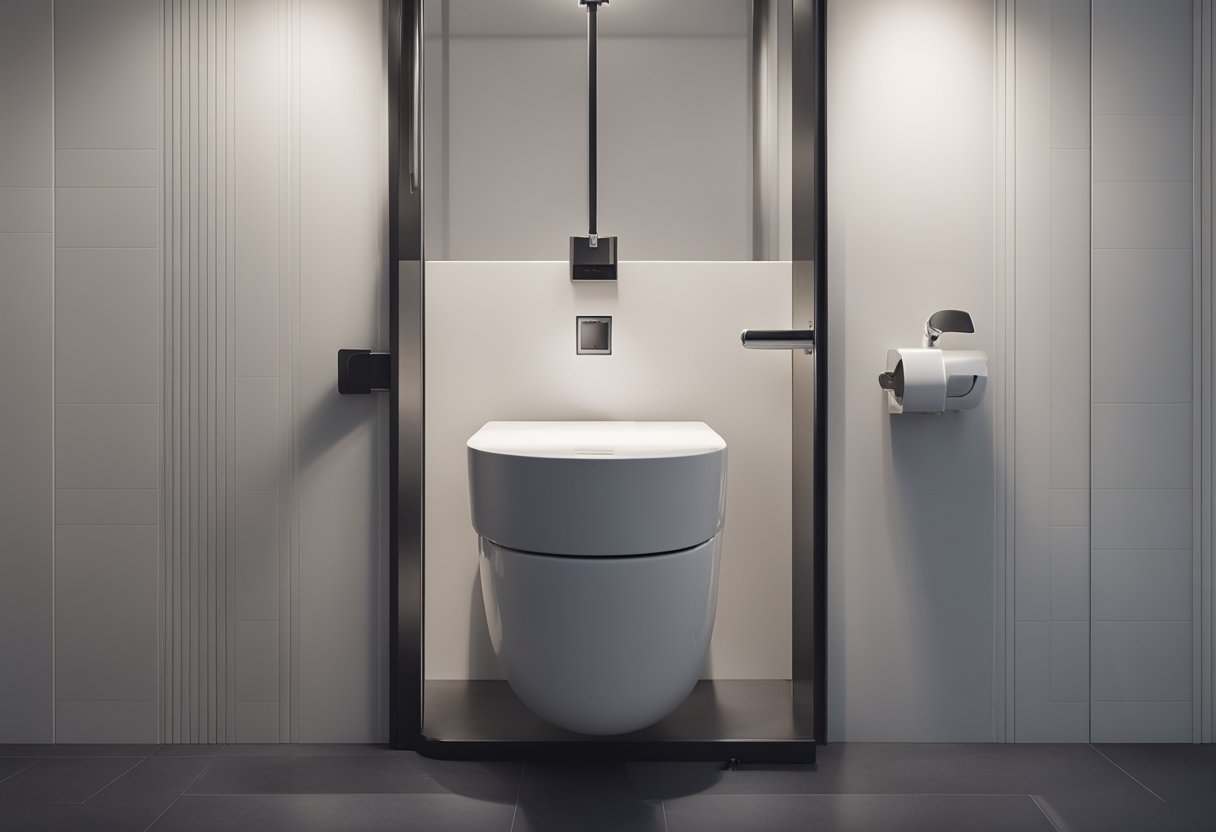 A maintenance worker installs a sleek, modern toilet door design with a sliding mechanism and minimalist handle