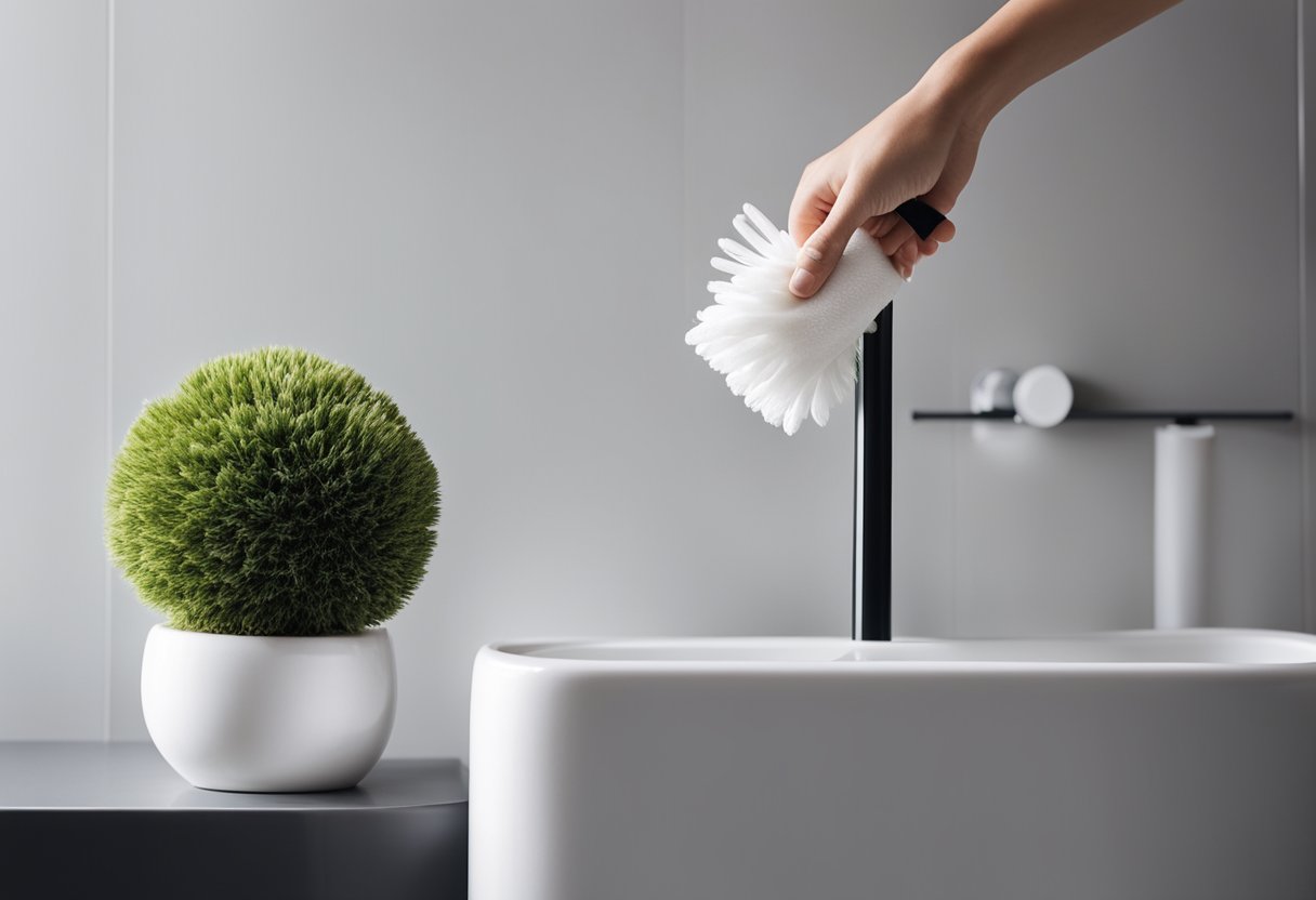 A hand reaches for a sleek toilet brush, next to a stack of fluffy white towels and a decorative plant. A modern, minimalist toilet design with clean lines and subtle touches of greenery