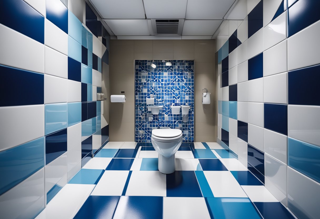 A compact toilet with geometric patterned tiles in shades of blue and white, maximizing small space