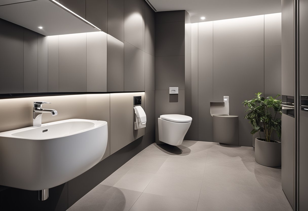 A modern toilet with sleek, minimalist design. Wall-mounted tank, clean lines, and neutral colors. Efficient use of space and ergonomic features