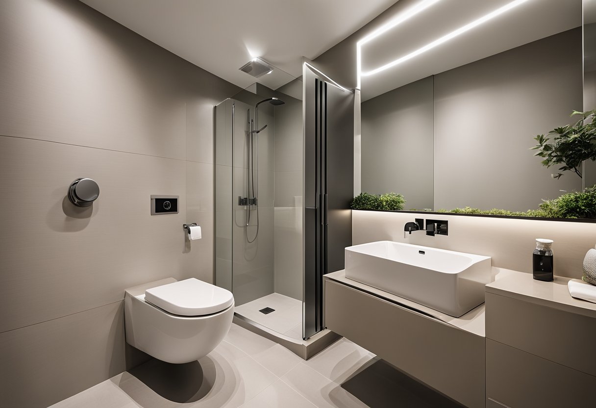 A sleek, minimalist HDB toilet with contemporary fixtures, clean lines, and neutral colors. The space is well-lit with natural and artificial light, creating a bright and inviting atmosphere