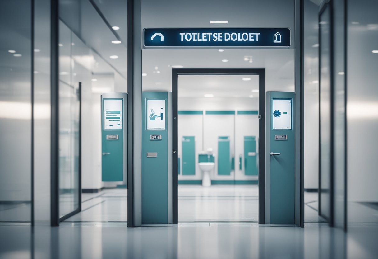 A hand reaching to customize a toilet door design with options displayed on a digital screen