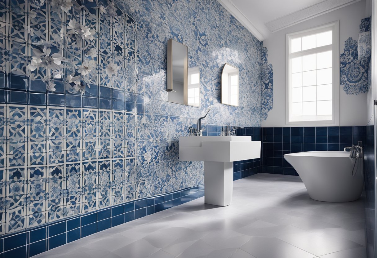 A bathroom wall covered in white and blue patterned tiles, with intricate designs of flowers and geometric shapes