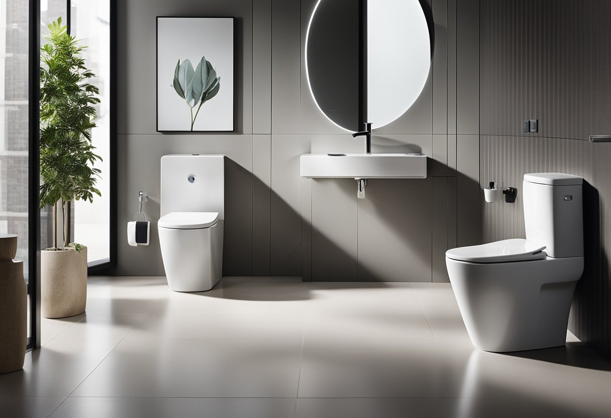 A sleek, futuristic toilet with integrated bidet and touchless flush, surrounded by minimalist decor and natural lighting