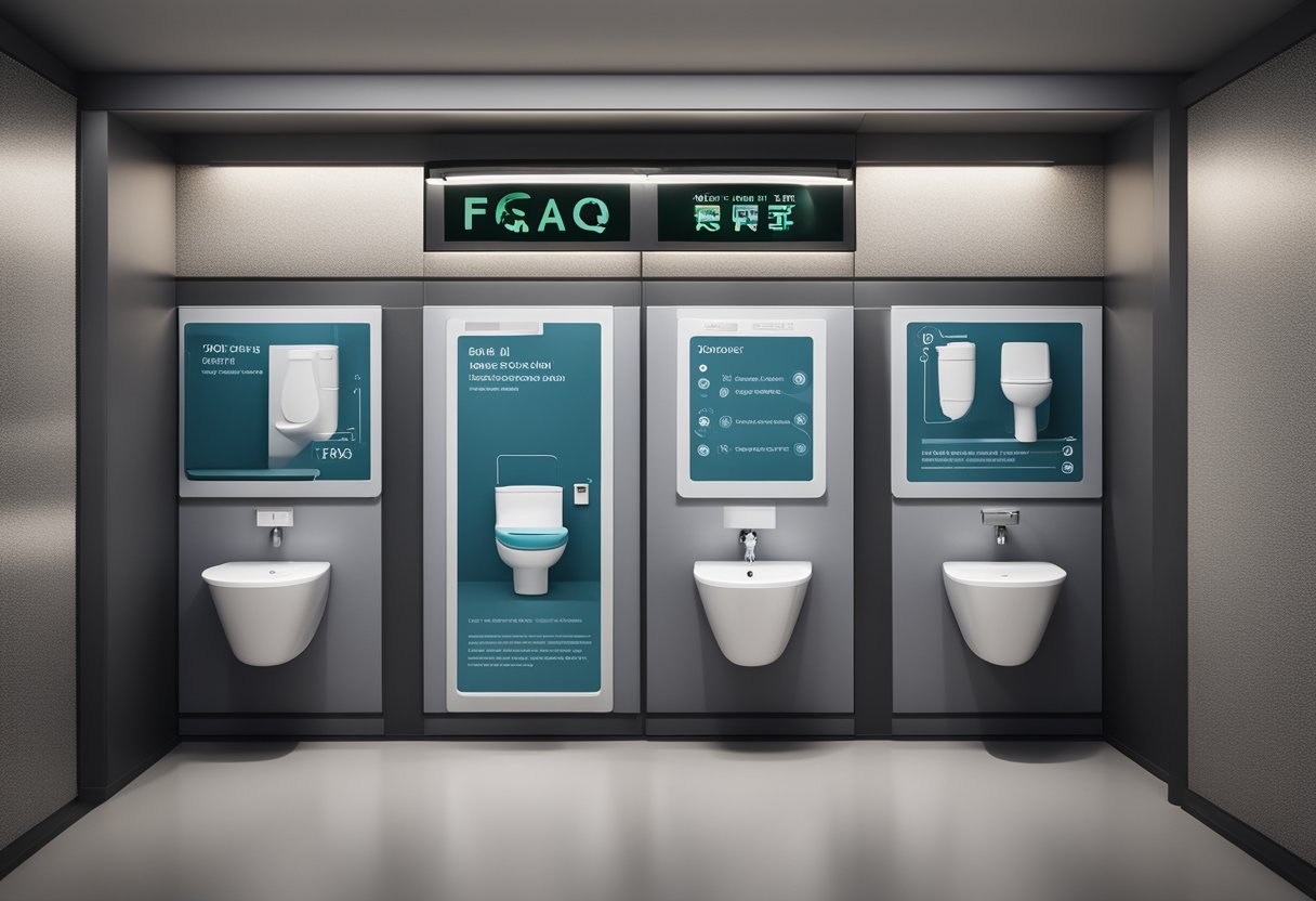 Various toilet designs displayed on a digital screen with FAQ text