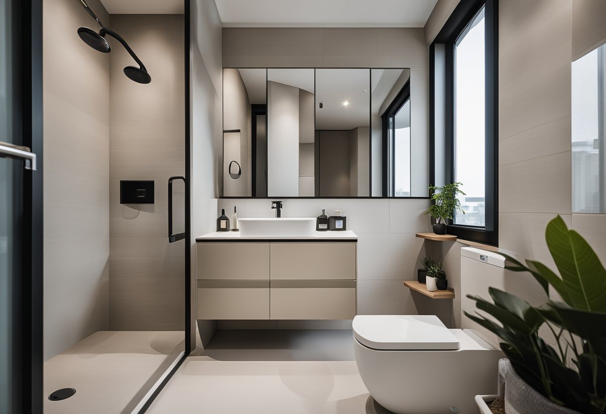 A sleek, minimalist HDB toilet with clean lines and modern fixtures. Neutral color palette with pops of color in accessories. Open shelving and ample natural light