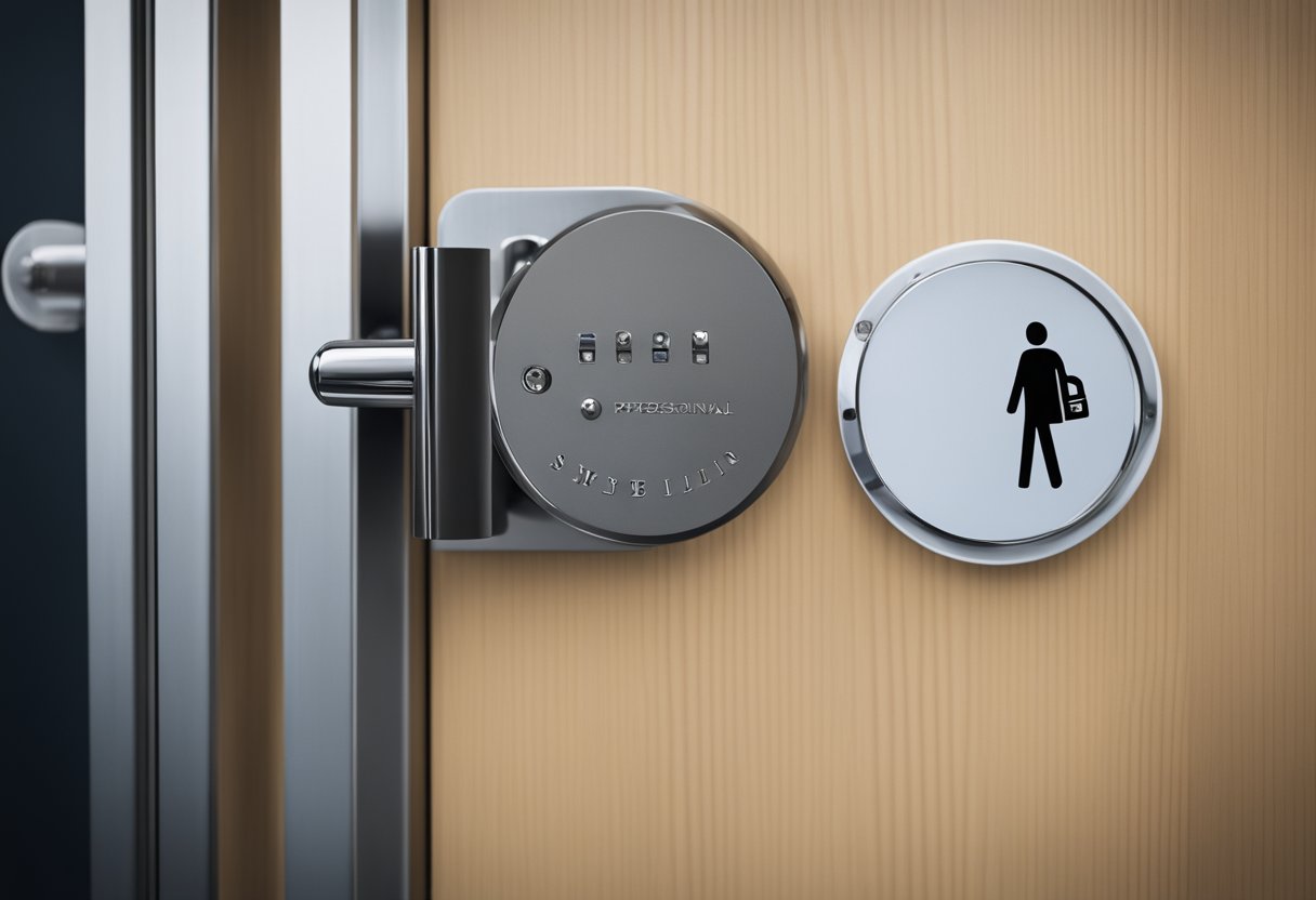 A sturdy, lockable toilet door with clear signage and braille for accessibility. Wide, easy-to-open handle for all users