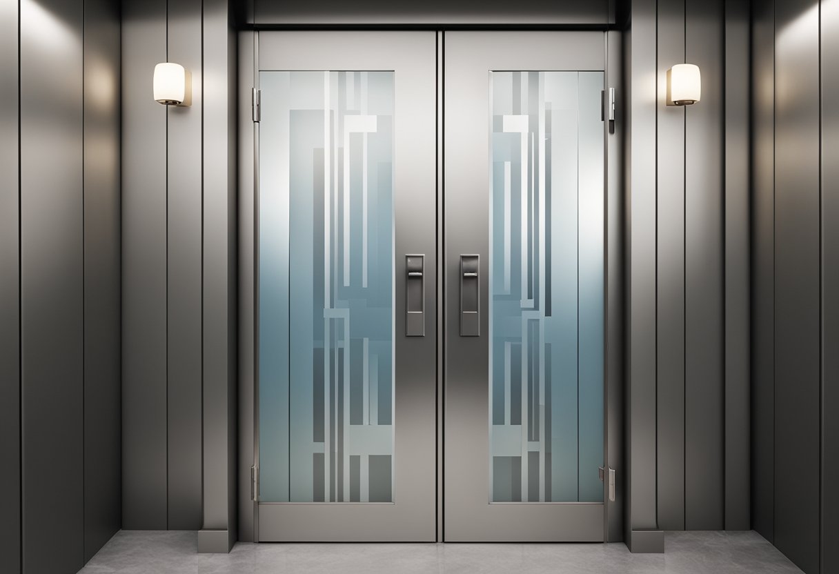 A modern toilet door with sleek, metallic handles and a frosted glass panel, adorned with minimalist geometric patterns
