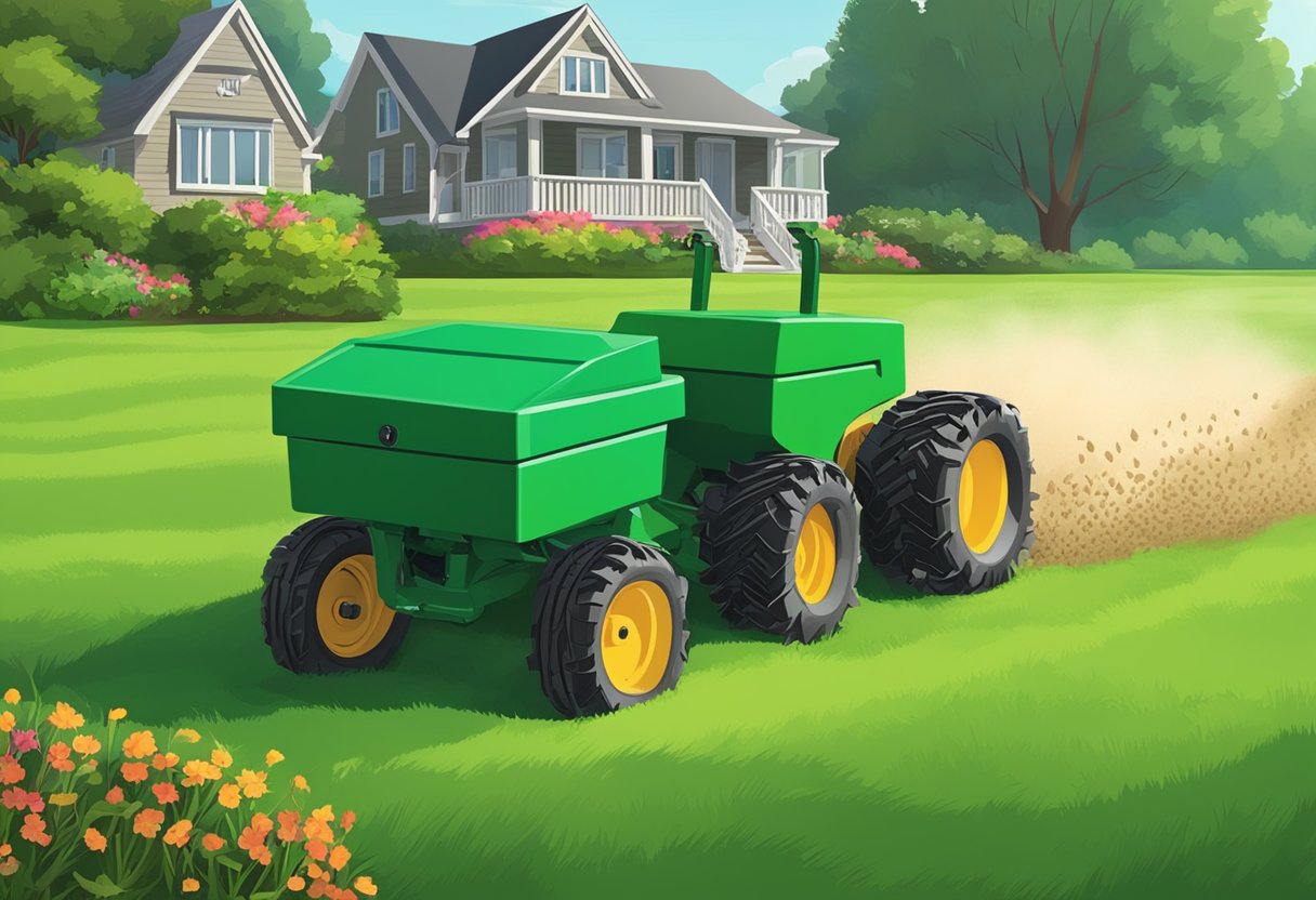 A lawn aerator machine punctures the ground, while a spreader evenly disperses grass seed across the freshly aerated soil