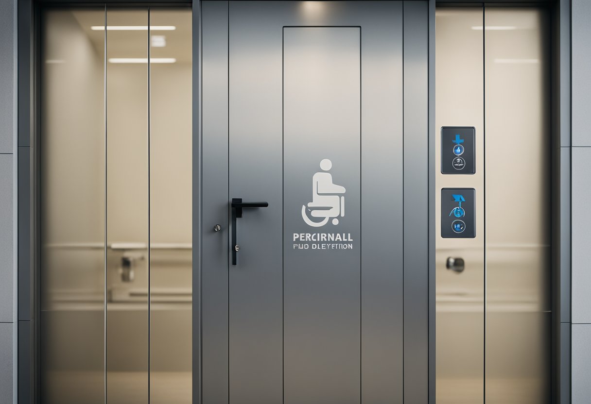 A person approaching a modern, accessible toilet door with clear signage and easy-to-use handle