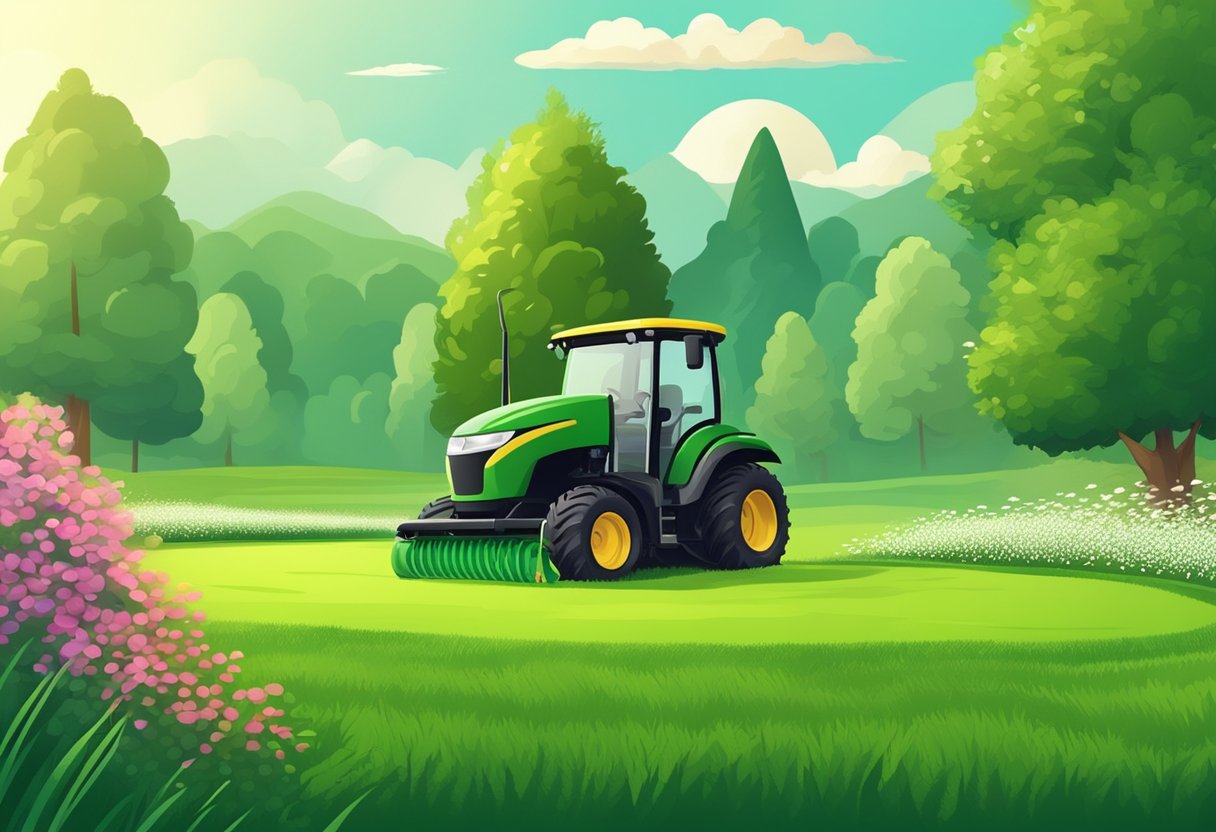 A lawn aerator machine rolls over a lush green lawn, creating evenly spaced holes. A spreader disperses grass seed, covering the area in a fine layer