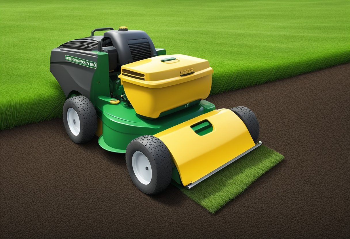 A lawn aerator machine rolls over the grass, pulling out small plugs of soil. A spreader dispenses grass seed, covering the newly aerated lawn