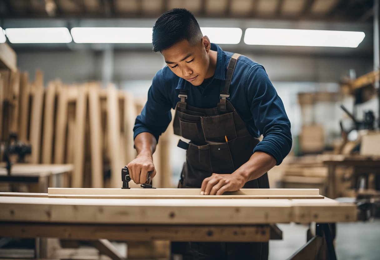 A carpenter in Singapore is seen measuring and cutting wood, constructing furniture, and installing fixtures in a well-lit workshop