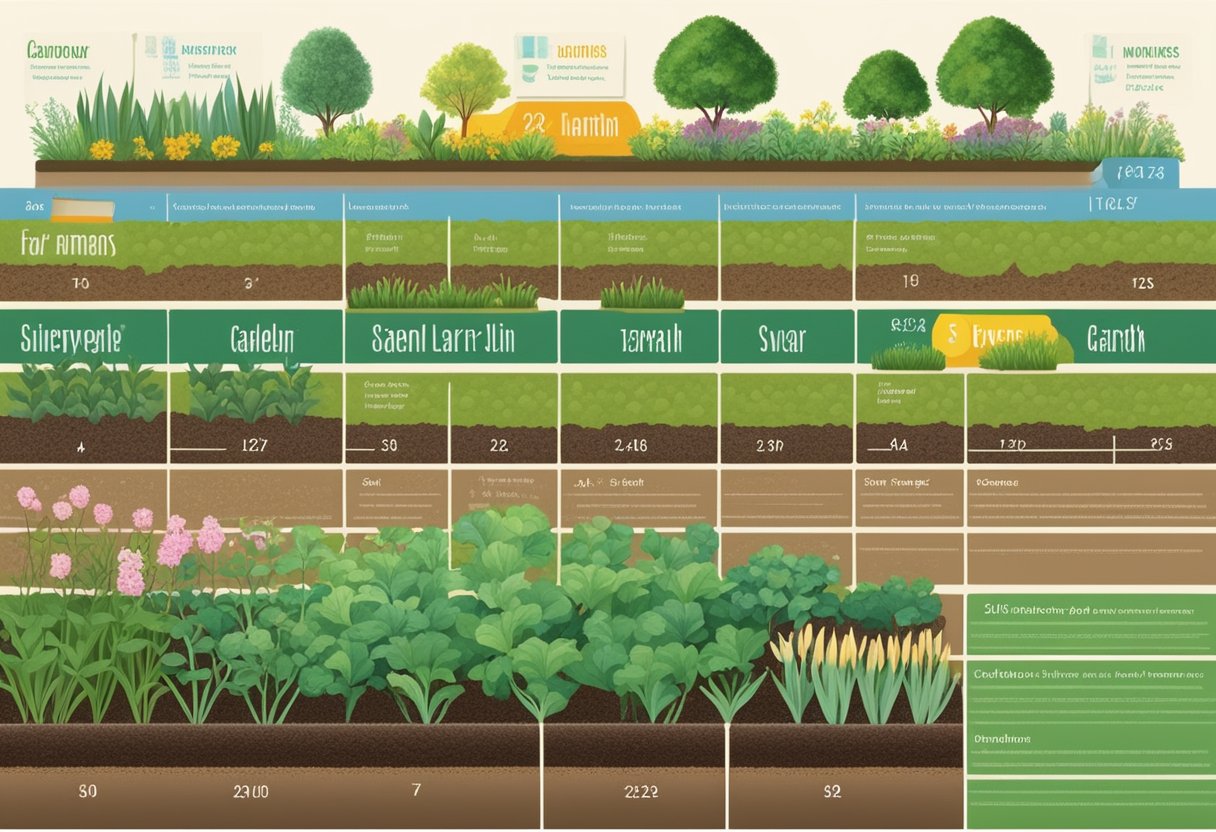 A garden bed with rows of soil, labeled with plant names and corresponding planting dates. A calendar with spring months displayed in the background