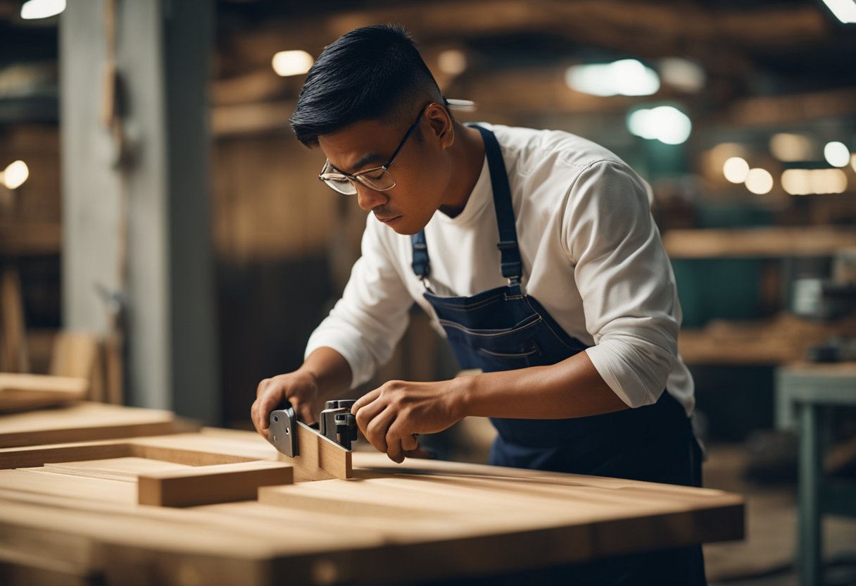 A carpenter in Singapore carefully measures and cuts wood for a custom-built furniture piece, using traditional joinery techniques and intricate designs