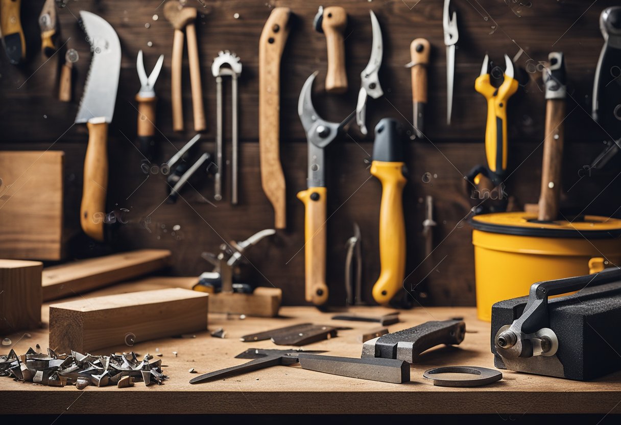 A workbench holds saws, hammers, chisels, and measuring tools. Wood planks, nails, screws, and sandpaper are scattered around