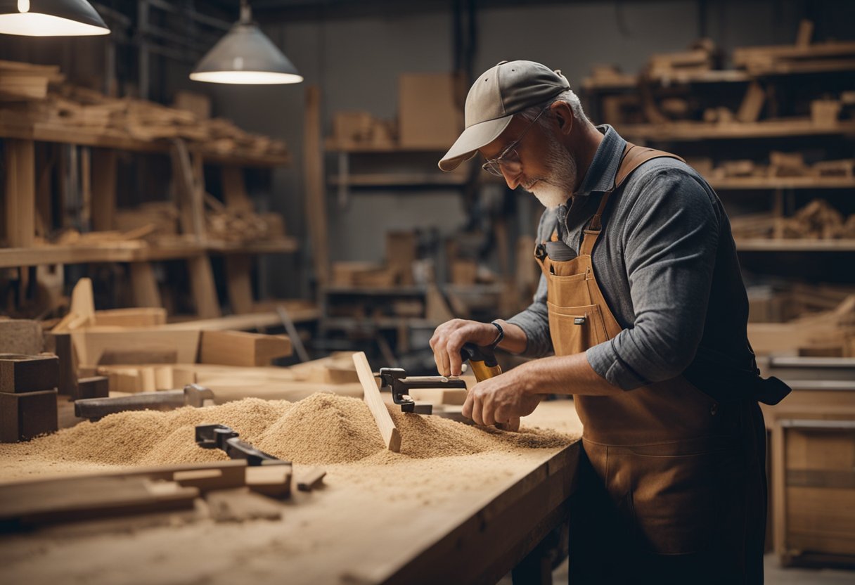 A carpenter measures, cuts, and assembles wood pieces in a well-lit workshop, surrounded by various tools and materials. Sawdust fills the air as the carpenter works diligently on a project