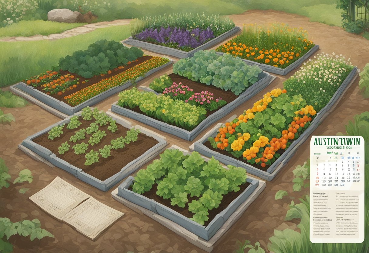 A garden bed with labeled rows of vegetables and flowers, surrounded by a calendar showing frost dates and planting schedules for Austintown