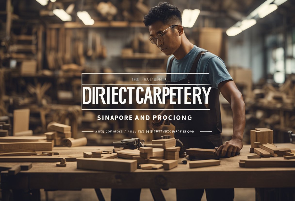 A carpenter in a workshop, surrounded by tools and wood, with a sign displaying "Direct Carpentry and Factory Pricing" in Singapore