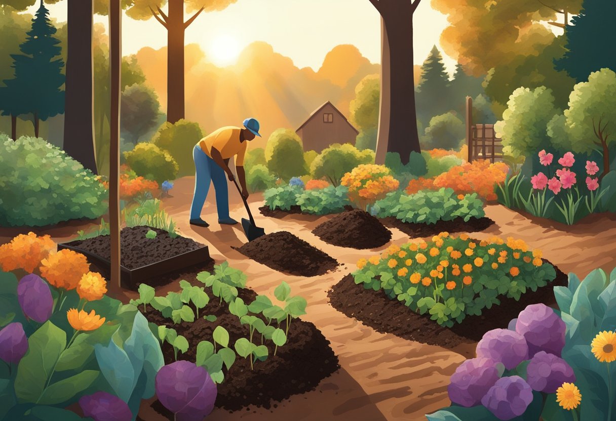 Rich, dark soil being turned over with a shovel, surrounded by various seed packets and gardening tools. Sunlight filters through the trees in the background, casting a warm glow over the scene