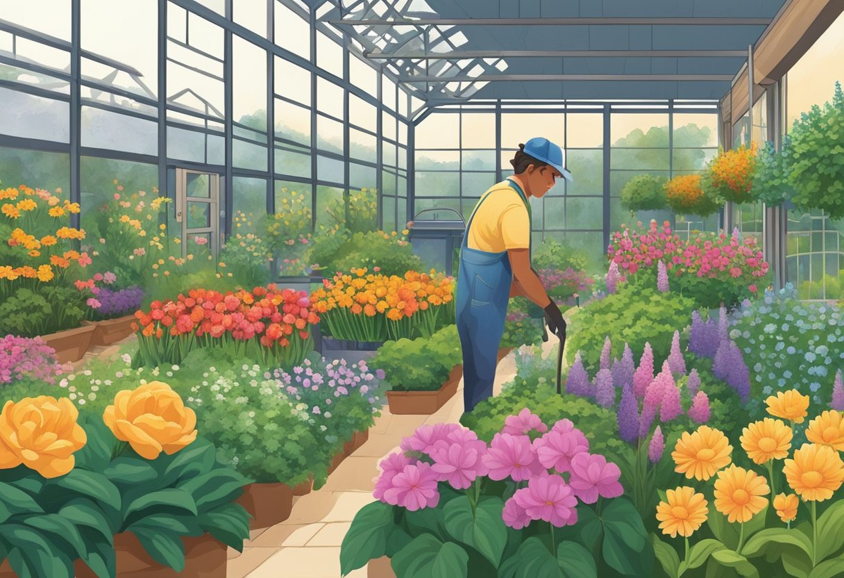 A gardener carefully chooses vibrant flowers and lush greenery from a colorful array of plants at a local nursery for their spring garden in Austintown