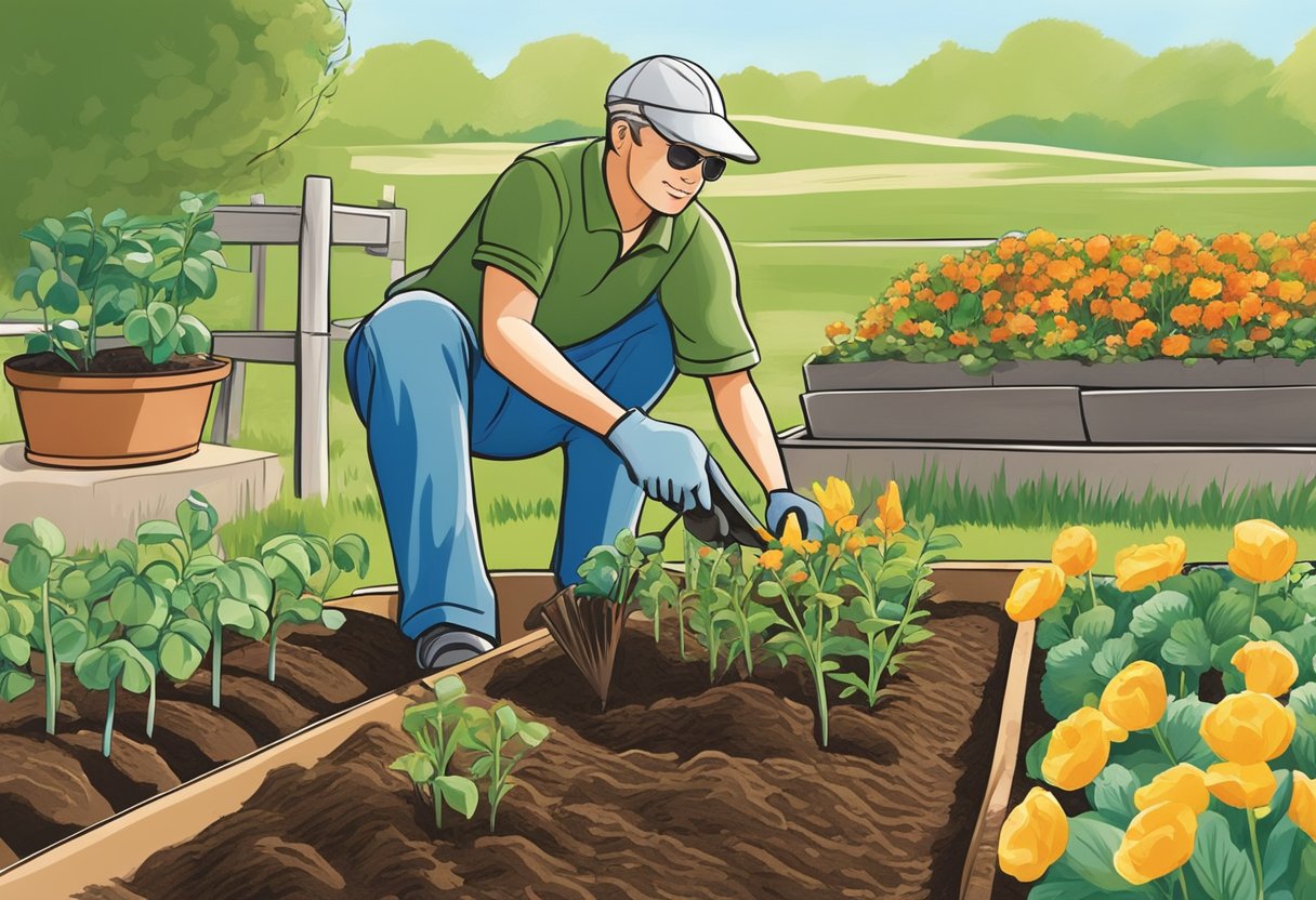 A gardener digs into rich soil, planting seeds and seedlings according to a spring planting guide. Bright sunshine and blue skies overhead