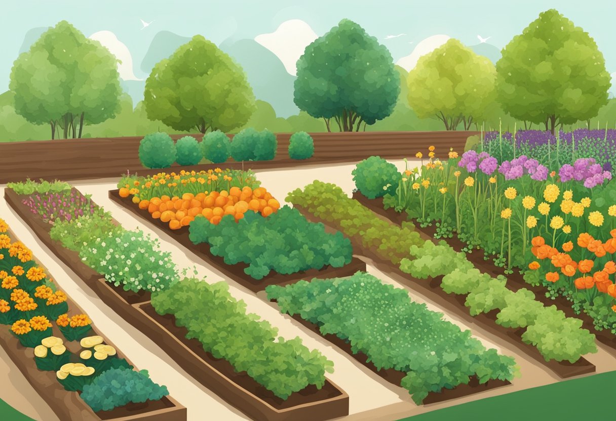 A garden with rows of various vegetables and flowers being planted at different times, with a calendar and planting guide displayed nearby
