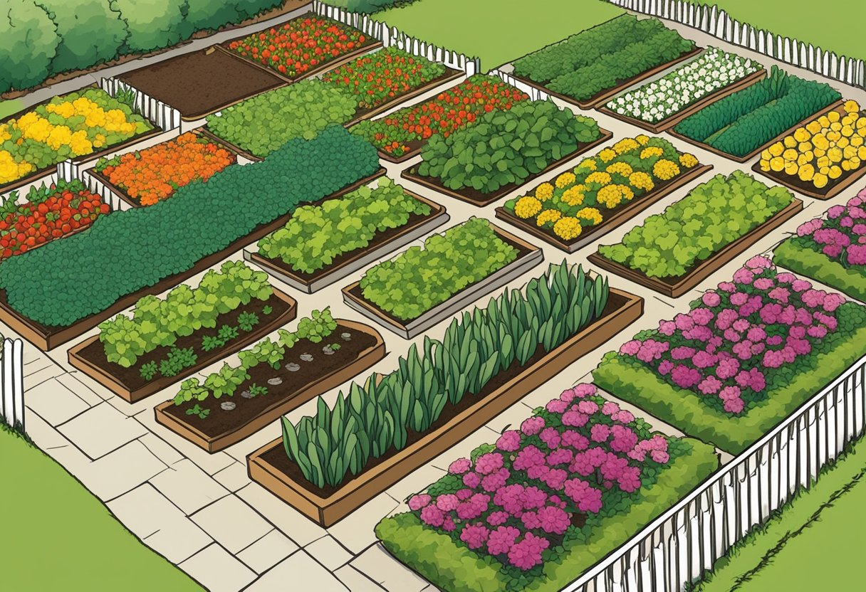 A sunny garden with rows of freshly planted vegetables and flowers, labeled with signs indicating the optimal planting times for Austintown