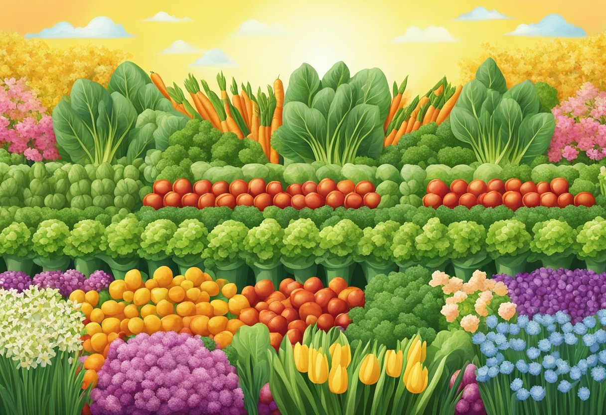 A colorful array of spring flowers and vegetables arranged in neat rows, with a backdrop of a sunny sky and green foliage