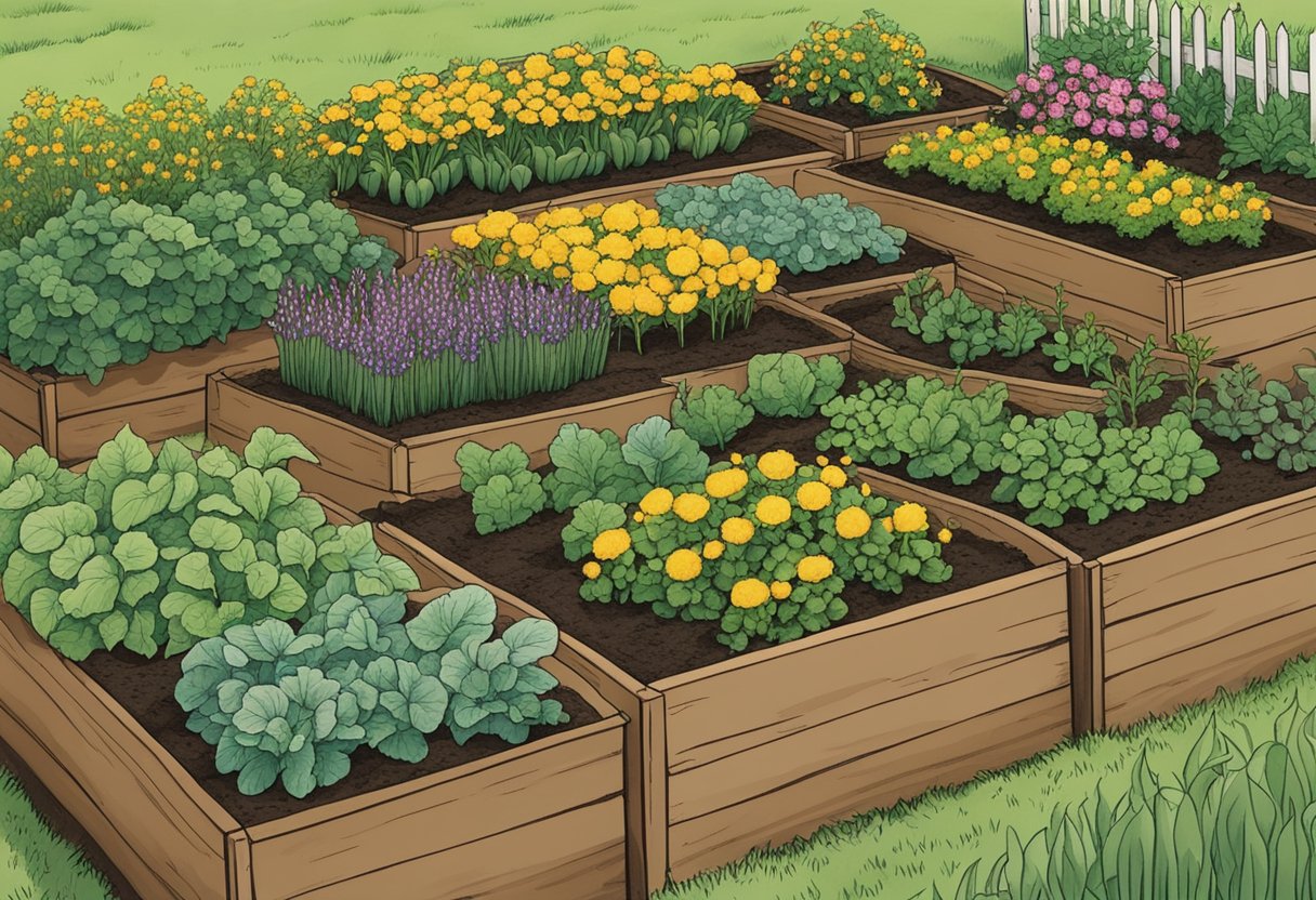 A garden bed with rows of freshly planted spring vegetables and flowers, labeled with markers indicating the recommended planting dates for Austintown