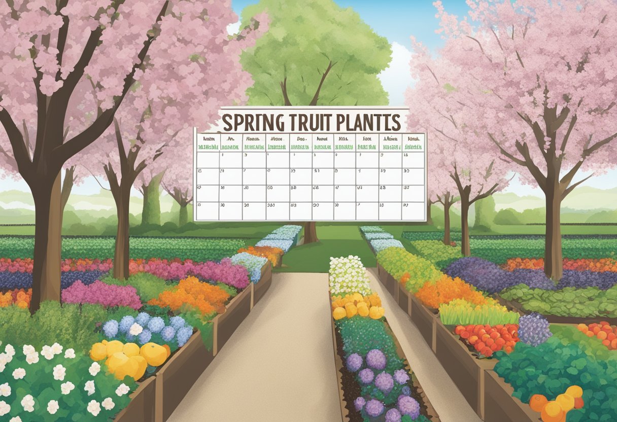 Austintown's spring planting guide: rows of fruit trees and bushes, with a calendar showing planting dates