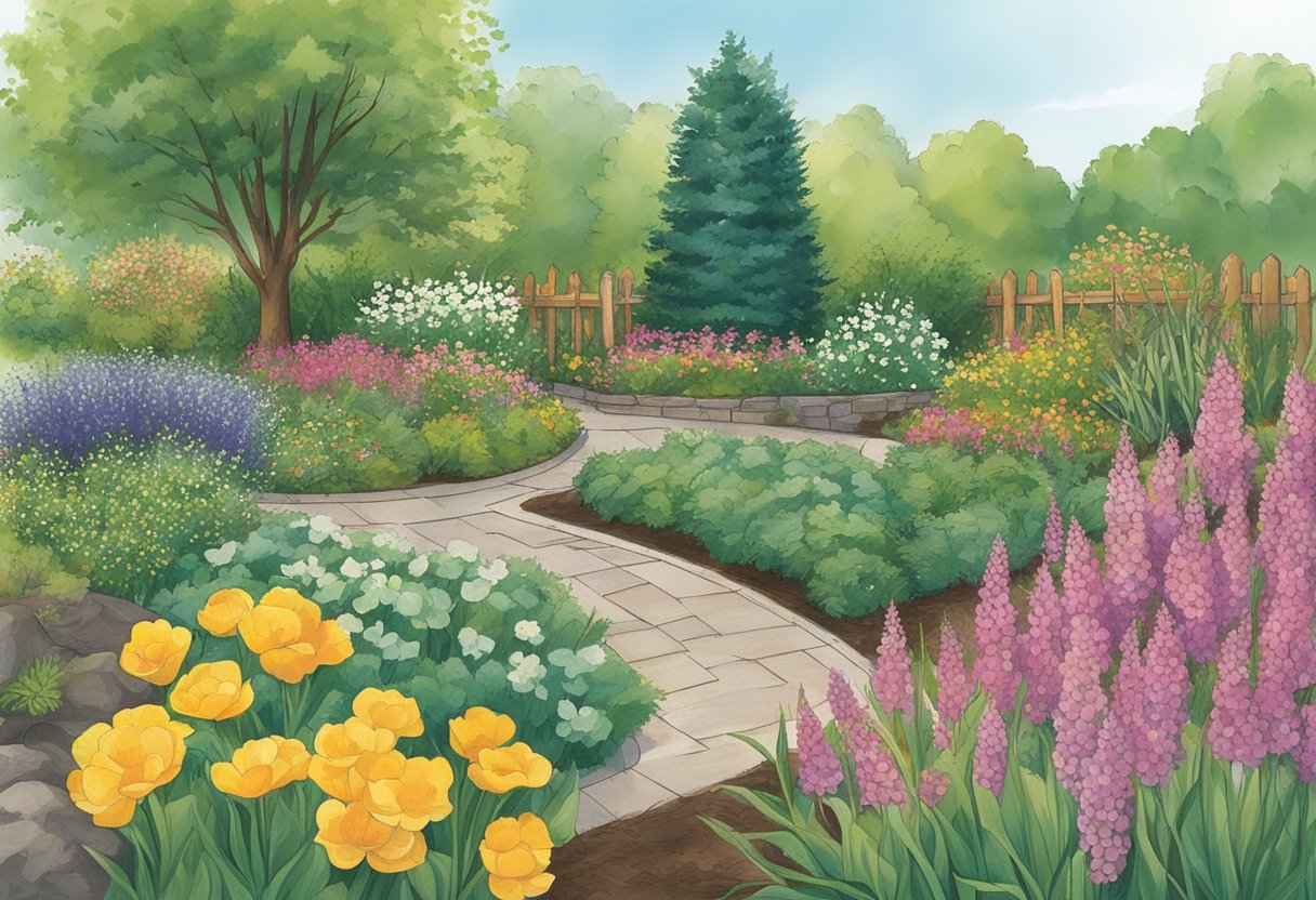 Austintown's Spring Planting Guide: Illustrate a garden with labeled plants and a calendar showing planting dates