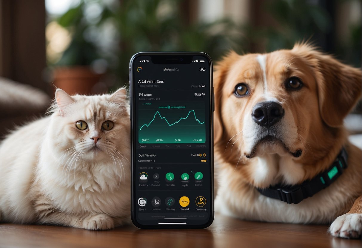 A smart collar tracks a pet's activity and health data, while a connected app displays real-time monitoring and alerts for pet care